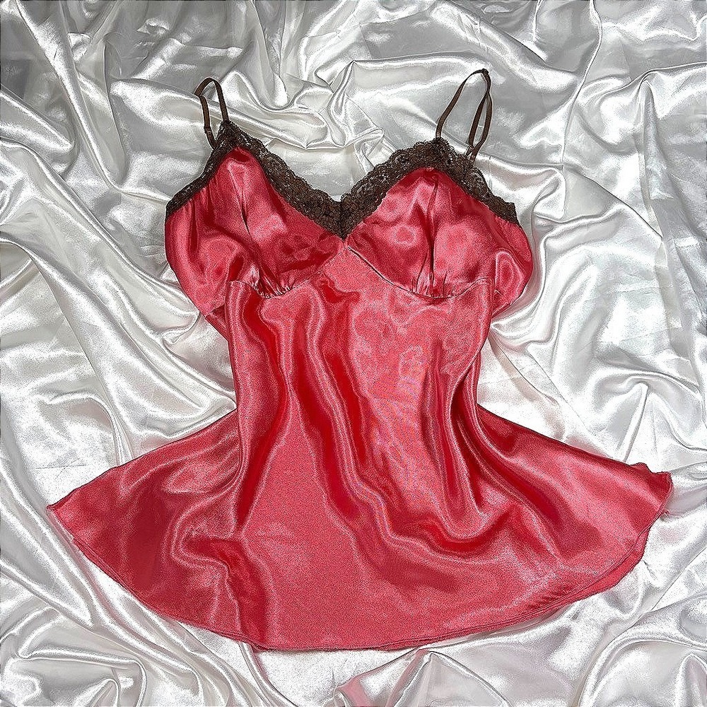y2k dainty Camisole Top Pink Excellent Lace Trim Satin Adjustable Straps L